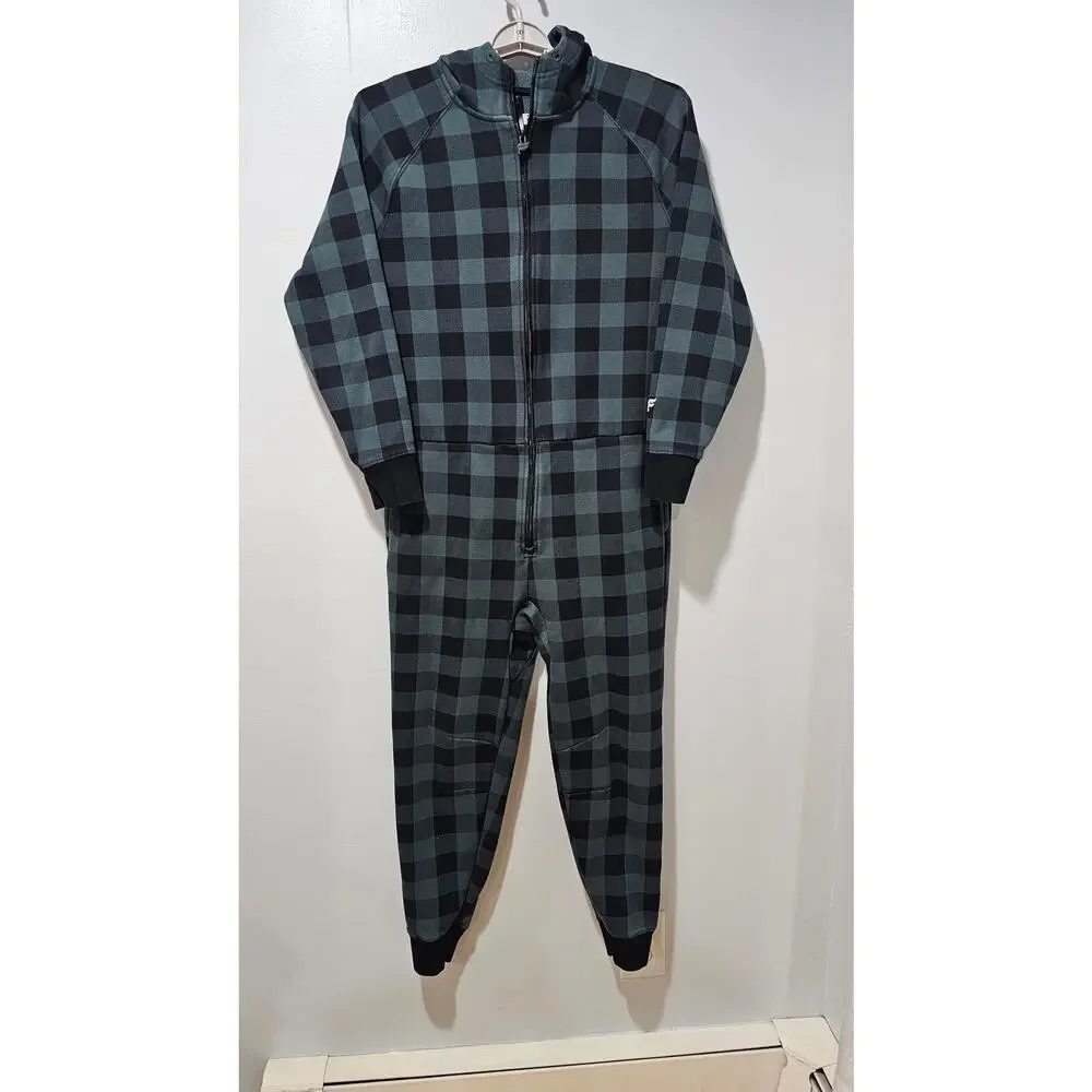 Fabletics Fleece Hooded Onesie One Piece Pajama, Green Black Womens Sz M